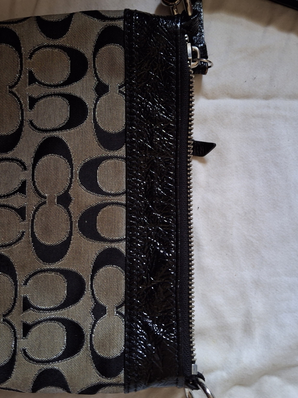 Coach Signature C Jacquard Black Patent Wristlet Clutch